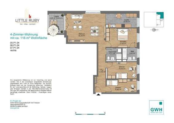 Grundr iss mit Flur (12,45 m²), Bad (5,41 m²), Duschbad (5,7 m²), Küche (12,38 m²), Wohnzimmer (32,39 m²), Schlafzimmer (17,03 m²), Kinderzimmer (14,3 m²), 2. Kinderzimmer (11,42 m²) und Loggia (4,65 m²)