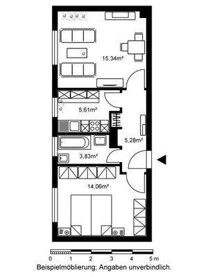 Grundriss mit ca 15,34m² Wohnzimmer, 5,61m² Küche, 3,83m² Bad,  5,28m² Flur, 14,06m² Schlafzimmer