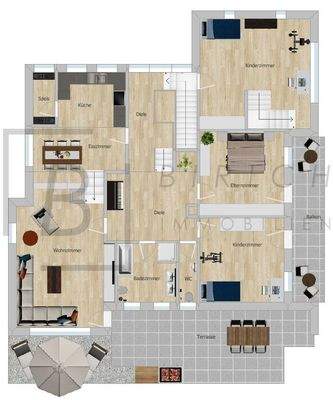 3D-OG. Bitte beachten Sie, dass der dargestellte Grundriss nicht maßstabsgetreu ist und lediglich der Orientierung dient.