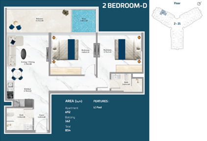Grundriss 3 Zimmer mit Pool