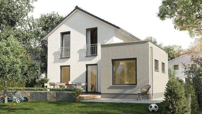 Einfamilienhaus-Aura-125-Kubus-Putz-Gartenansicht.