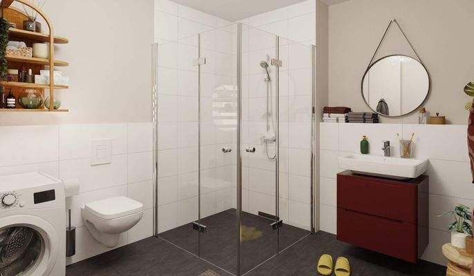 Modern gefliestes Bad mit bodengleicher Dusche