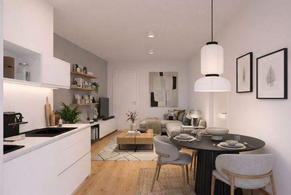 Visualisierung Wohn- und Essbereich mit offener Küche