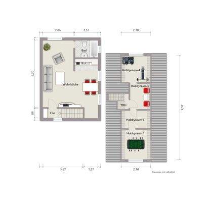 Grundriss Dachgeschoss (nicht maßstabsgerecht, Möblierungsbeispiel)