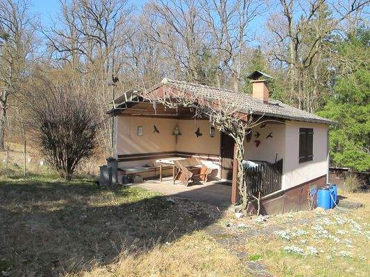 Wochenendhaus mit Plattenwegen, Ziegeldach, Regentonnen.JPG