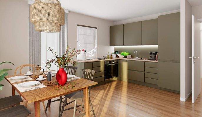 Die offene Wohnküche lädt zum gemeinsamen Kochen e