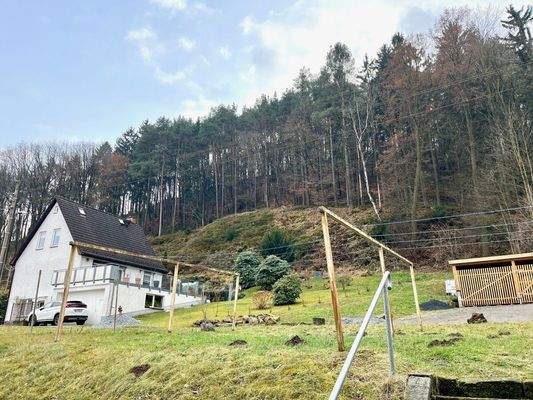 Blick zum Wald und weiterer Bebauung am Wäscheplatz (Hof)