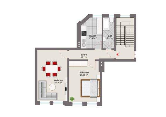 schematische Grundrissdarstellung mit Einrichtungsbeispiel