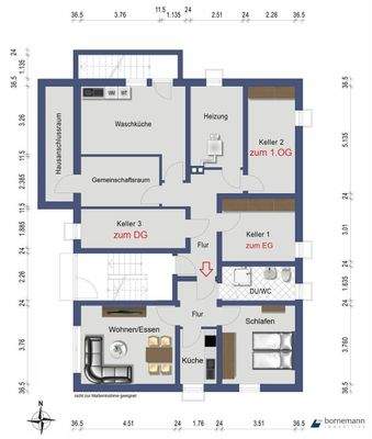 Kellergeschoss ca. 43 m² zu Wohnzwecken ausgebaut