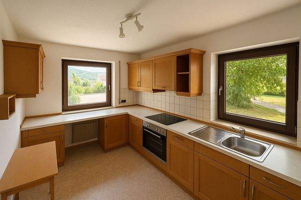 Virtuelles, realistisches Homestaging der Küche in der unteren Wohnung