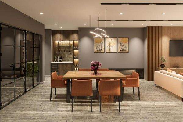 Offener Essbereich mit moderner Beleuchtung und gemütlicher Atmosphäre