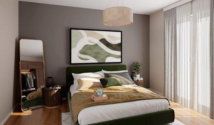 Ruhiger Schlafbereich mit bodentiefen Fenstern und Zugang zur Dachterrasse