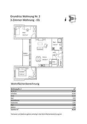 Grundriss + Wohnflächenberechnung Wohnung 02