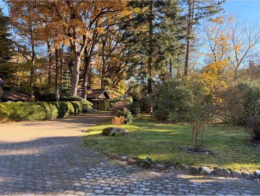 Blick vom Nebengebäude auf die Zufahrt