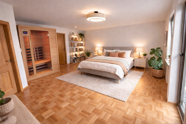 Einrichtungsvorschlag: Helles Schlafzimmer mit Infrarotsauna Foto bearbeitet