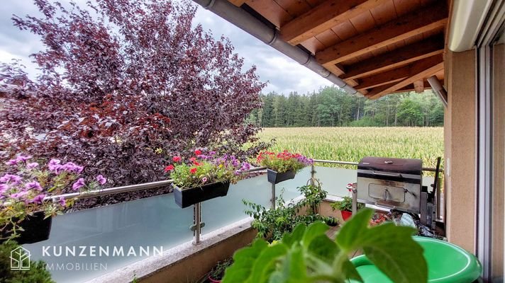 Balkon mit Blick aufs Feld und Wald