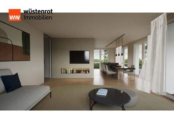 Visualisierung Wohnzimmer Blick zur Küche