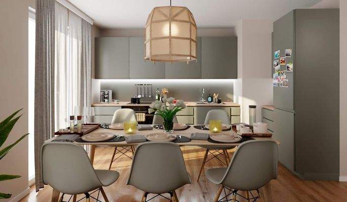 Die offene Wohnküche lädt zu gemeinsamen Mahlzeiten ein