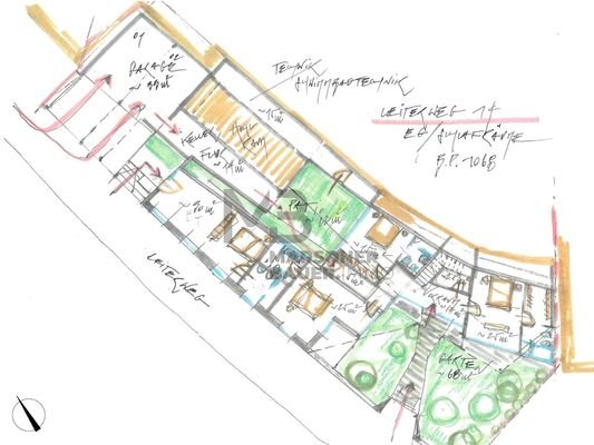 Skizze Terrassenvilla Erdgeschoss - schizzo villa piano terra (nicht im Maßstab - non in scala