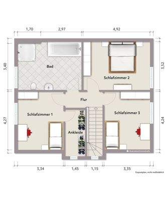 Grundriss Dachgeschoss (nicht maßstabsgerecht, Möblierungsbeispiel)