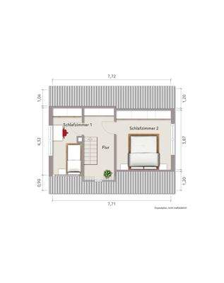Grundriss Dachgeschoss (nicht maßstabsgerecht, Möblierungsbeispiel)