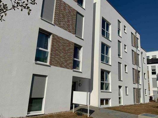 seitliche Ansicht des Wohngebäudes mit Ziegelsteindekoration zwichen den bodenlangen Fenstern, gepflasterter Weg zum Hauseingang.JPG