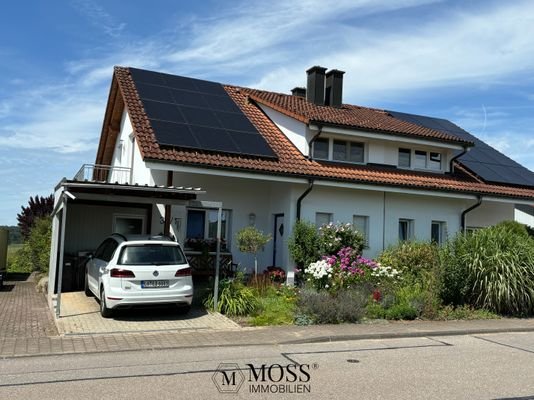 Parkplatz/ Carport mit Wallbox und Hauseingang, Morgensonne 12 Panels, Nachmittagsseite 8 Panels