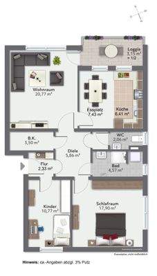 Grundriss der 3-Zimmer-Wohnung