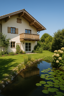 Landhaus mit Garten und Teich (Musterbild) Hinweis: Zur Wahrung der Privatsphäre wurden die Originalbilder KI-basiert verfremdet. Die gezeigten Vergleichsmusterbilder dienen ausschließlich der optischen Orientierung