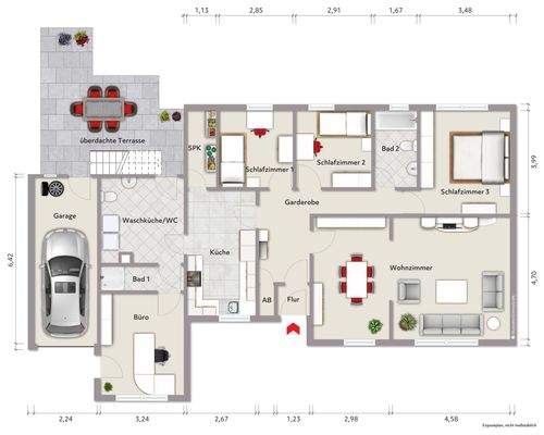 Grundriss Erdgeschoss (nicht maßstabsgerecht, Möblierungsbeispiel)