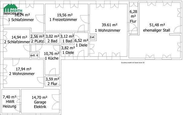 Grundriss-Skizze mit Text und Zahlen