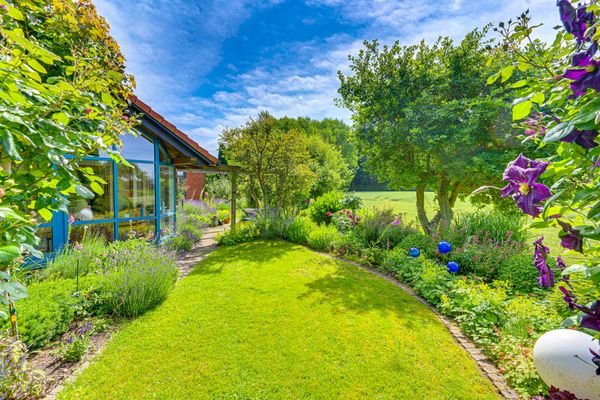 Sommer: Blick aus dem Wintergarten