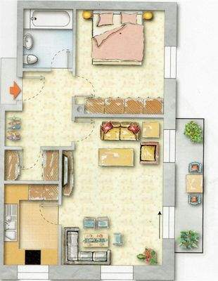 Grundriss, nicht maßstabsgetreu, möbliert gezeichn
