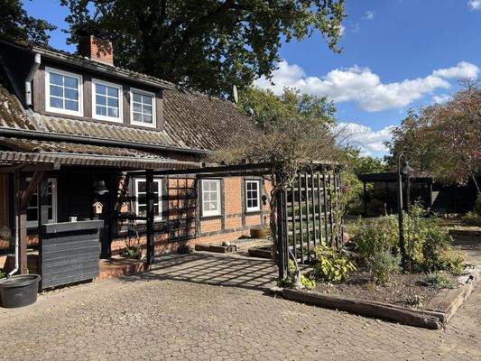 Blick zum Hauseingang und Terrasse