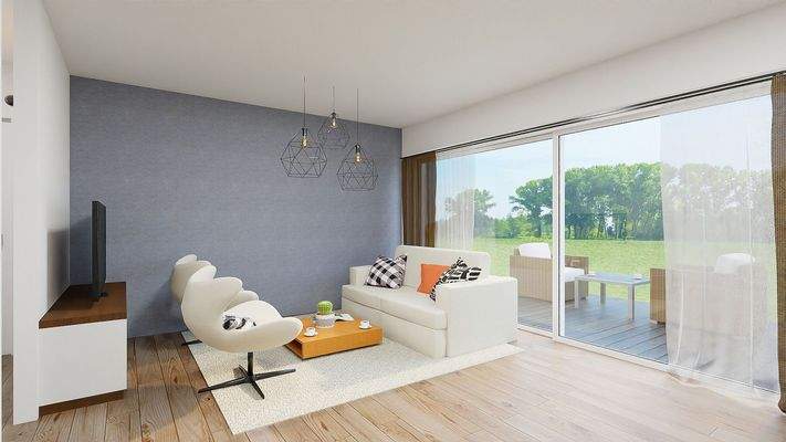 Wohnzimmer mit Sicht zur Terrasse