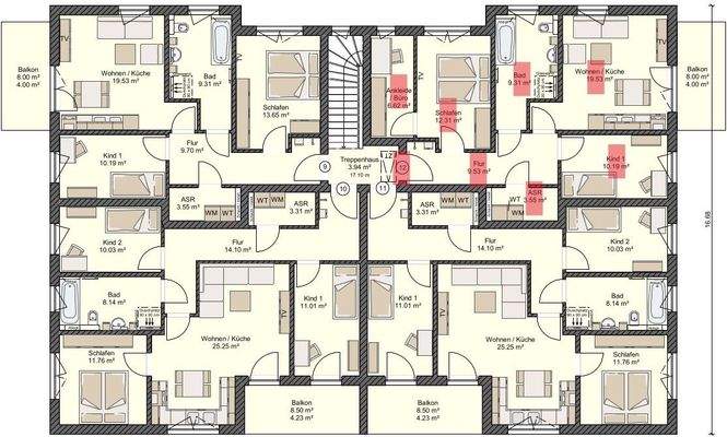 Grundriss Whg.12 rot markiert