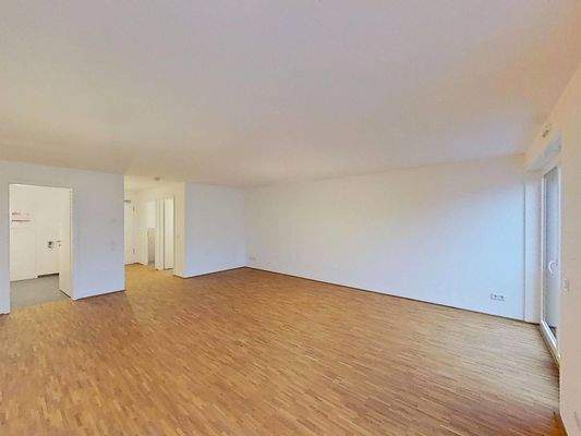 Ansicht IV: Wohn- und Esszimmer mit offenem Küchenbereich