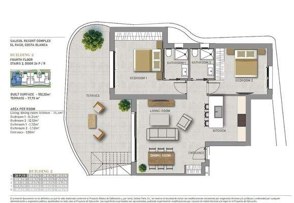 Grundriss (Die Terrasse ist in Richtung Poolausgerichtet) Das Solarium befindet Sich über der ganzen Wohnung.