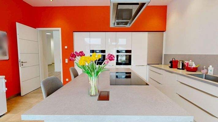 moderne Einbauküche mit Terrassenzugang