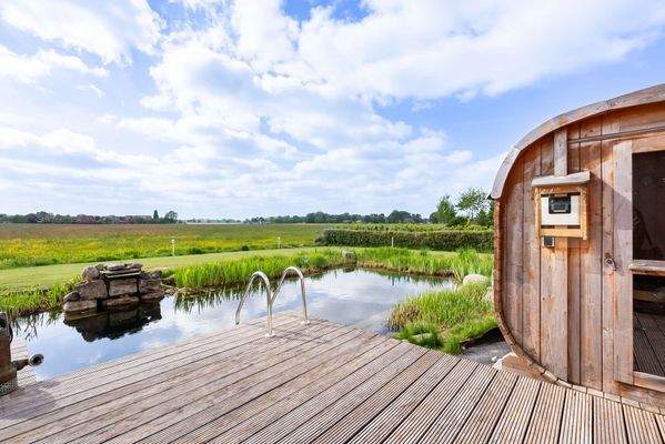 Blick von der Terrasse zum Schwimmteich
