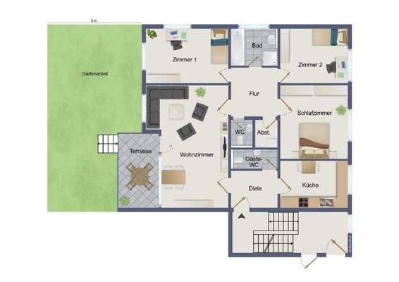 Grundriss 4-Zimmer-ETW mit Gartenanteil (5 m Breit