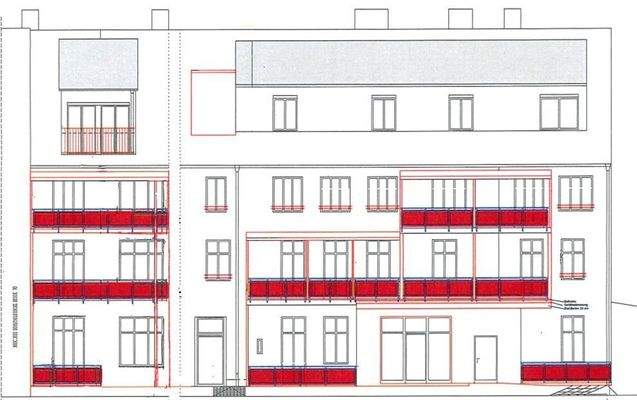 Ansicht hofseitig mit den Balkonen