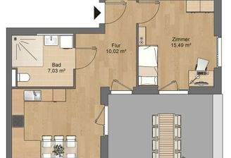 Grundriss Zimmer 1 20,36m², Zimmer 2 15,49m², Wohn-, Ess- und Kochbereich 31,52m², Bad 7,03 m², Flur 10,02 m², Abstellraum 2,16 m², Terrasse 34,00 m²