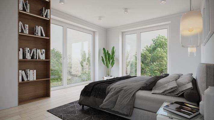Gerumiges Schlafzimmer mit dem Blick ins grüne