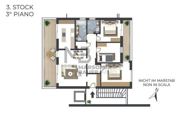 Grundriss Wohnung mit zugehöriger Treppe und Podest im letzten Stock - planimetr