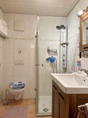Badübersicht mit Dusche, Waschtisch und WC