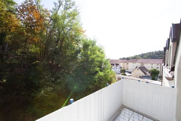 Blick vom Balkon ins Grüne sowie in die Stadt