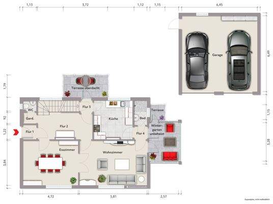 Grundriss Erdgeschoss (nicht maßstabsgerecht, Möblierungsbeispiel)