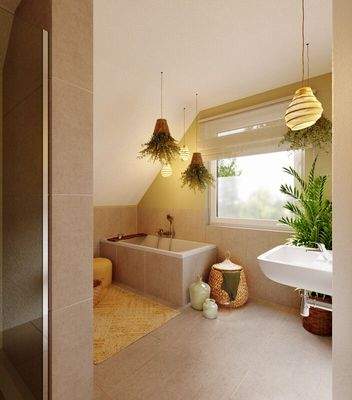 Modernes, helles Badezimmer mit zeitlosen Fliesen und angenehmem Tageslicht – funktional und wohnlich zugleich.