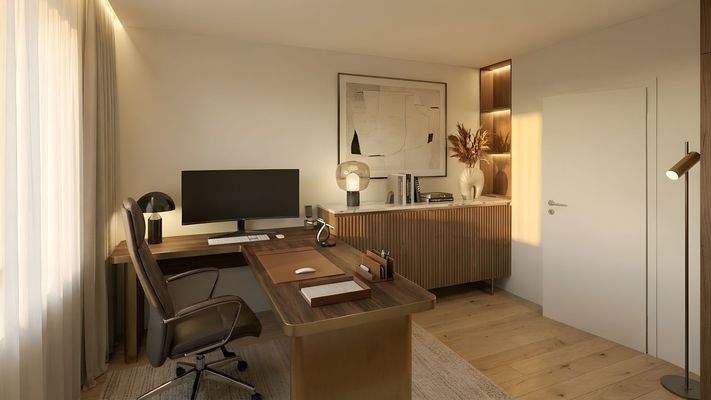 Das helle, moderne Arbeitszimmer besticht durch einen eleganten Schreibtisch und eine warme, einladende Atmosphäre